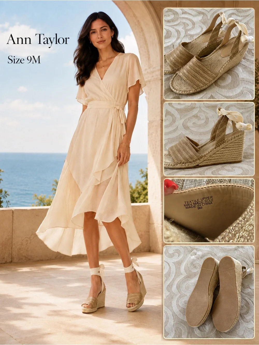 Ann Taylor Gold Metallic Ankle Tie Espadrille Wedge Sandals 9M NWOT